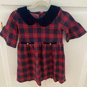 Janie and Jack Red and Navy Paid Dress withe Velvet Collar, Size 3